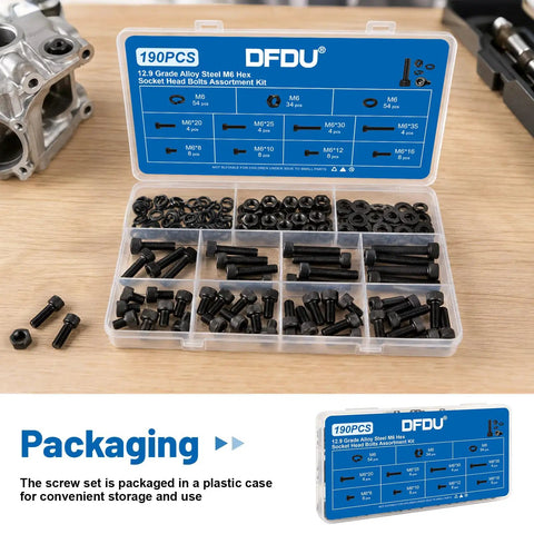 Top Shelf 190PC M6 Hex Socket Head Cap Screw And Nut Assortment Kit With Washers showcasing assorted screws in a plastic case.