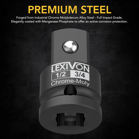 Beefed Up 1/2 Inch To 3/4 Inch Impact Socket Increaser For Heavy Duty High Torque Work with Chrome Molybdenum Alloy Steel.