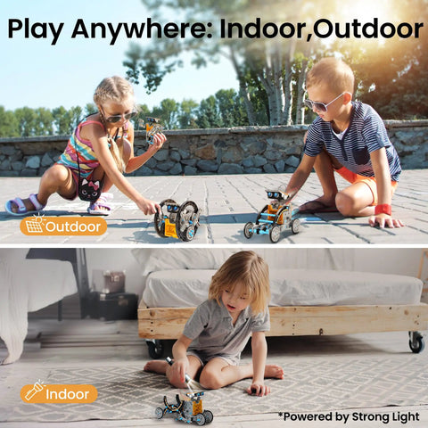 Kids playing with 12 In 1 Solar Robot Building Kit For Kids And Teens Aged 8 To 13 Hands On STEM Toy Powered By The Sun 190 Pieces outdoors and indoors.