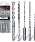 AV Steel 5-piece SDS Plus drill bit set with carbide-tipped masonry bits in a plastic storage case