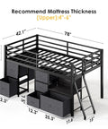 Twin Loft Bed With Six Storage Drawers Built In Bookcase LED Lights Play Curtain Kid Friendly Safety Rails And Ladder Black Space Saving Two Tier Design For Active Kids, front view