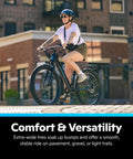 Electric Hybrid Bike With 350W Hub Motor, 27-Inch Wheels, Throttle Or Pedal Assist, Up To 20 MPH, Dope Daily Commute Cruiser For Adults, Lightweight Blue Frame Built For Easy Hills And All Day Comfort rider on black hybrid bike with wide tires