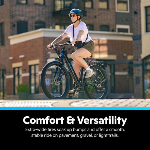 Electric Hybrid Bike With 350W Hub Motor, 27-Inch Wheels, Throttle Or Pedal Assist, Up To 20 MPH, Dope Daily Commute Cruiser For Adults, Lightweight Blue Frame Built For Easy Hills And All Day Comfort rider on black hybrid bike with wide tires