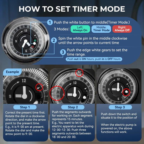 How to set timer mode for Heavy Duty Hot Water Recirculating Pump Kit, showing timer dial adjustments in detailed steps.