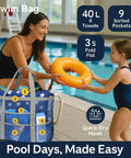 Mesh bag with towels and pool gear, labeled pockets, beside pool. Big Mesh Beach Bag For Fam Trips Fits Four To Six Towels Water Bottles Sunscreen And Gear Nine Pockets For Anti Chaos Organization Ideal For Beach Pool Cruise And Summer Fun.
