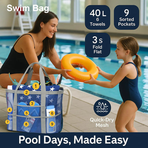 Mesh bag with towels and pool gear, labeled pockets, beside pool. Big Mesh Beach Bag For Fam Trips Fits Four To Six Towels Water Bottles Sunscreen And Gear Nine Pockets For Anti Chaos Organization Ideal For Beach Pool Cruise And Summer Fun.