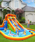 Kids playing on Giant Backyard Water Park with tall dual slides, climbing walls, splash pool, tunnel, and water cannon.