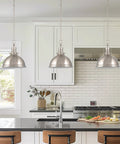 14 Inch Modern Industrial Pendant Light With Dome Shade In Brushed Nickel Finish above kitchen island