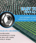 Close-up of 90 Percent Blackish Green Shade Cloth 6.5x10 Ft Beefy HDPE Shade Net showing reinforced grommets and weave detail.