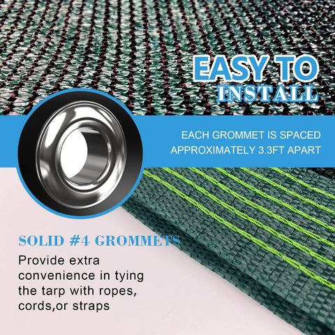 Close-up of 90 Percent Blackish Green Shade Cloth 6.5x10 Ft Beefy HDPE Shade Net showing reinforced grommets and weave detail.
