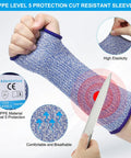 Level 5 Cut Resistant Arm Sleeves With Thumb Hole, Tough As Nails HPPE Forearm Guards For Kitchen And Workshop, Real Deal Slash Shield For Sensitive Skin, 1 Pair Blue Small, showing elastic fit and knife protection.