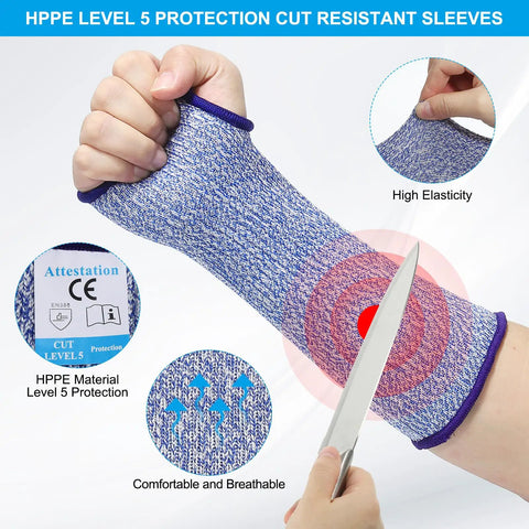 Level 5 Cut Resistant Arm Sleeves With Thumb Hole, Tough As Nails HPPE Forearm Guards For Kitchen And Workshop, Real Deal Slash Shield For Sensitive Skin, 1 Pair Blue Small, showing elastic fit and knife protection.
