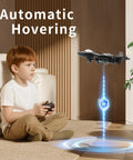 Child playing with Remote Control Foam Airplane Drone Stunt Plane With LED Lights featuring automatic hovering indoors.