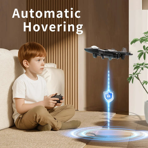 Child playing with Remote Control Foam Airplane Drone Stunt Plane With LED Lights featuring automatic hovering indoors.