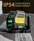 Pro Grade Self Leveling Cross Line Laser With Receiver Kit For Outdoor Construction Green Beam 197 Foot Working Range Rod Clamp And Hard Case Included, close-up view on concrete showing green beams