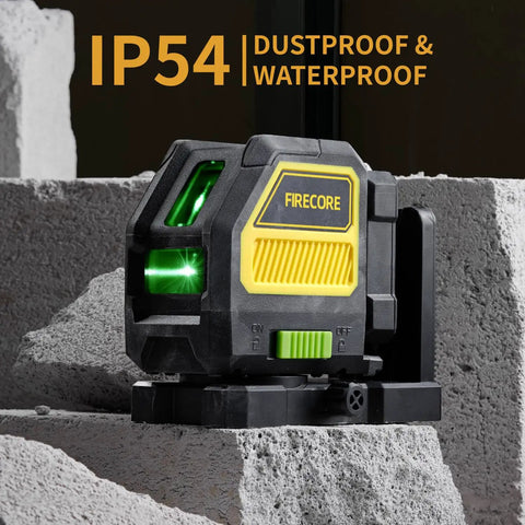 Pro Grade Self Leveling Cross Line Laser With Receiver Kit For Outdoor Construction Green Beam 197 Foot Working Range Rod Clamp And Hard Case Included, close-up view on concrete showing green beams