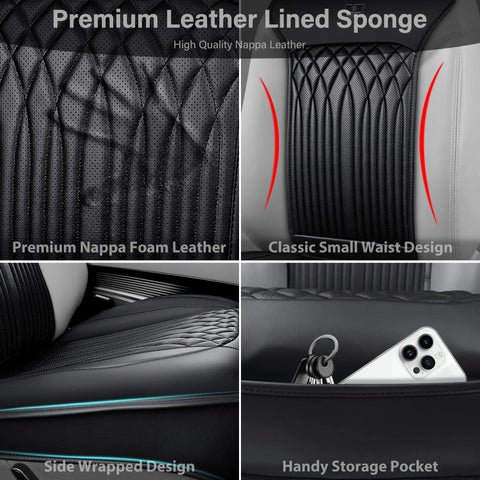 Close-up of All Season Waterproof Nappa Leather Car Seat Protector detailing foam, small waist design, side wrap, and storage pocket.
