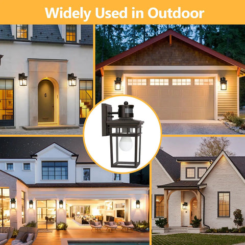 Motion Sensor Outdoor Wall Lantern With Remote, Dusk To Dawn Sensor, Four Modes on houses and garages with glass shade