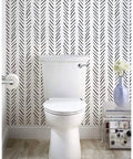 Bathroom wall with Boho Peel And Stick Chevron Wallpaper Self Adhesive Mural In Black And White Stripes 17.7In By 32.8Ft behind toilet