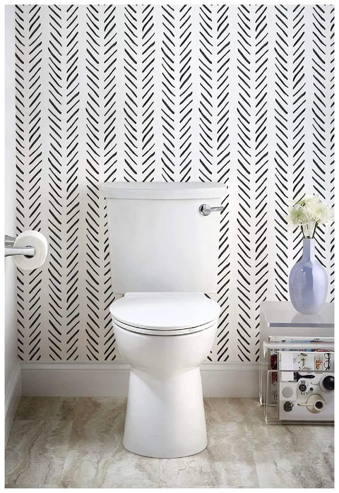 Bathroom wall with Boho Peel And Stick Chevron Wallpaper Self Adhesive Mural In Black And White Stripes 17.7In By 32.8Ft behind toilet