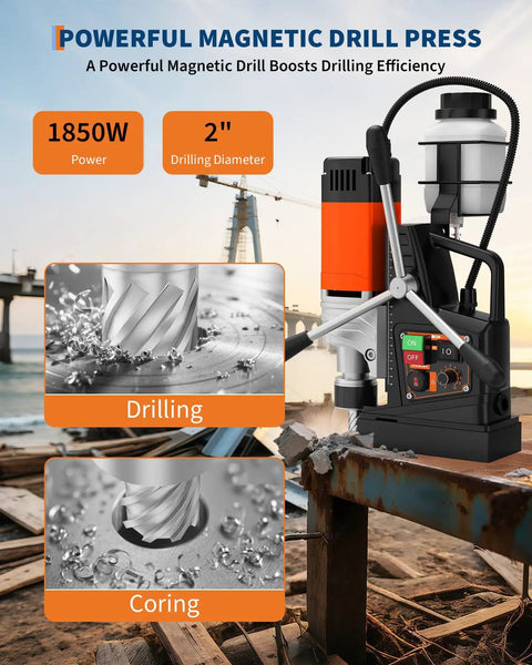 2 Inch Magnetic Drill Press 1850W High Torque Variable Speed Power Tool With Strong Holding Force For Industrial Boring And Heavy Duty Metalworking Projects on a work site.