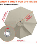 9 Foot Replacement Canopy for 8 Rib Market Patio Umbrella Beige Canopy Only, top view with 0.49 inch top hole detail