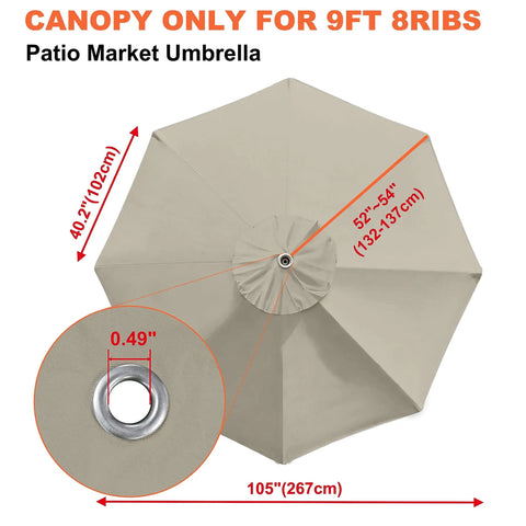 9 Foot Replacement Canopy for 8 Rib Market Patio Umbrella Beige Canopy Only, top view with 0.49 inch top hole detail