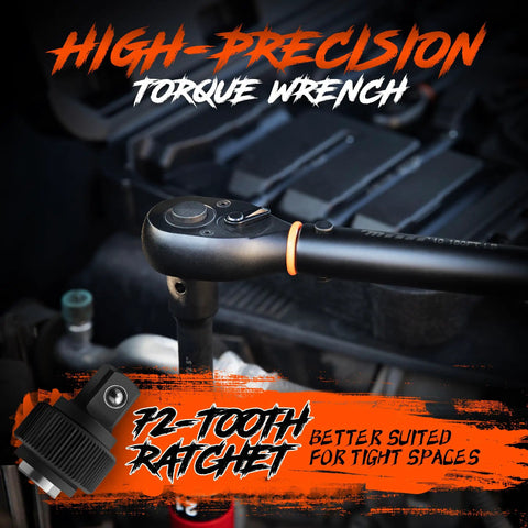 Close-up of Six Piece Pro Grade Torque Wrench Set With Quarter, Three Eighths, And One Half Inch Drives, 72 Tooth Dual Direction Scale