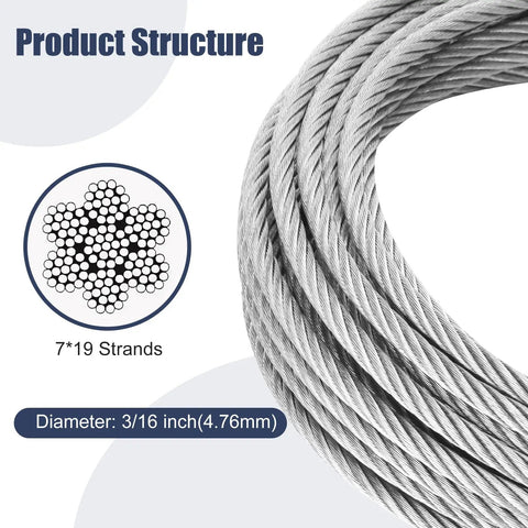 Rugged 3/16 Inch Stainless Steel Cable 25 Ft Kit with Wire Rope Clip Thimble and Aluminum Crimp Sleeve 7x19 Aircraft Cable