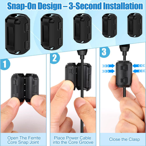 Installation steps for 25 Piece Clip On Ferrite Core Bead Set For Cables EMI RFI Noise Suppressor Fits 3 5 7 9 13 mm Diameters.