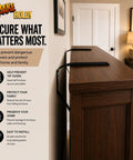 Top Tier Anti Tip Furniture Safety Straps Keep Your Cabinet And Entertainment Center Units Rock Solid Peel Press Adhesive Mount with wall screw anchors on a wooden cabinet.