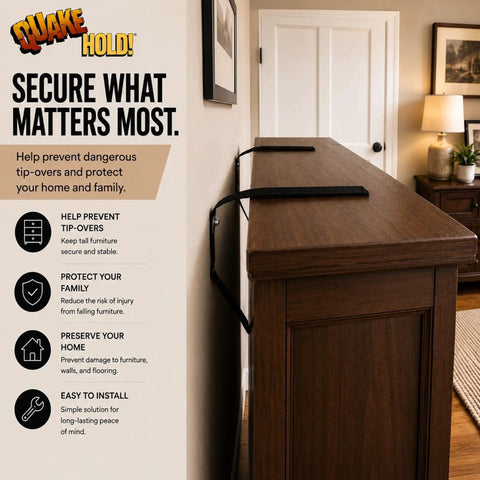 Top Tier Anti Tip Furniture Safety Straps Keep Your Cabinet And Entertainment Center Units Rock Solid Peel Press Adhesive Mount with wall screw anchors on a wooden cabinet.