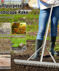 Person using 36 Inch Aluminum Landscape Rake With 36 Tines And 68 Inch Non Slip Handle For Easy Soil Loosening And Leveling Backyard