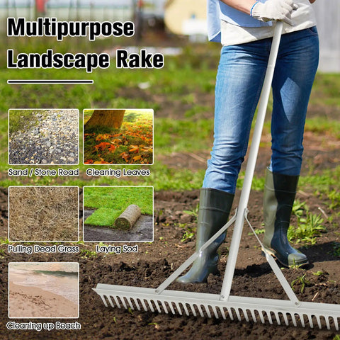 Person using 36 Inch Aluminum Landscape Rake With 36 Tines And 68 Inch Non Slip Handle For Easy Soil Loosening And Leveling Backyard