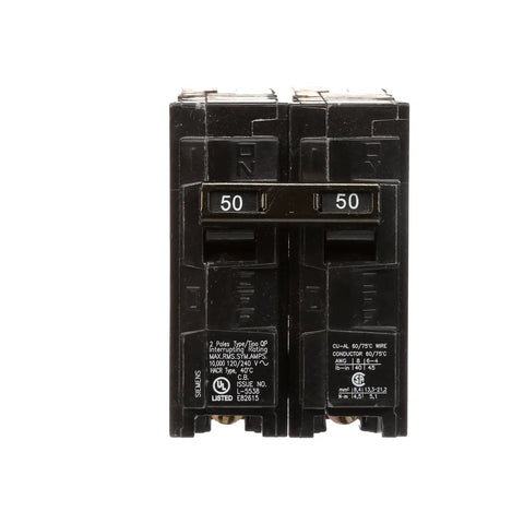50 Amp Double Pole Type QP Circuit Breaker For 240V Systems With Insta Wire Plug In Design 10000 AIC Fits Siemens Enclosures