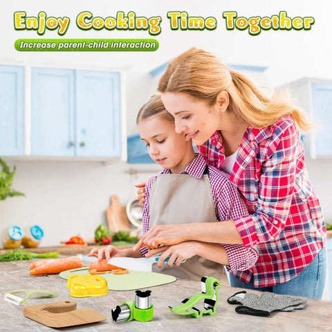 HAIMST 15-piece kids kitchen knife set with colorful plastic tools on a cutting board