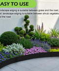Workhorse 40 Ft Galvanized Steel Landscape Edging Kit With 12 Pack Panels For Lawn Borders, 40 Inch Long By 8 Inch High, No Dig Hammer In Border With 13 Clips, Bendable Metal Strips For Garden Edges set up in a garden showing clean plant borders.
