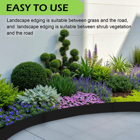 Workhorse 40 Ft Galvanized Steel Landscape Edging Kit With 12 Pack Panels For Lawn Borders, 40 Inch Long By 8 Inch High, No Dig Hammer In Border With 13 Clips, Bendable Metal Strips For Garden Edges set up in a garden showing clean plant borders.