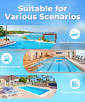 Various swimming pools including open-air, indoor, and family pools with text 'Suitable for Various Scenarios' displayed above.