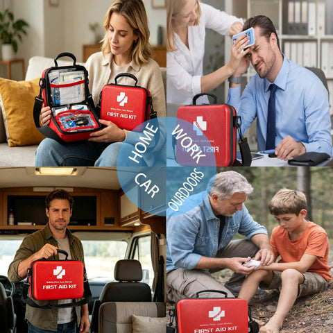 Collage showing Hard Shell Waterproof First Aid Kit With 262 Pieces in home, office, car, and outdoor settings.