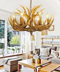 Brown Antler Chandelier With 6 Light, Rustic Faux Deer Antler Pendant Fixture in a cozy living room setting