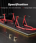 Beefy Heavy Duty Motorcycle Paddock Stands For Front And Rear Wheel Lift 882 Lbs Capacity UL Adjustable Swingarm Spool Durable Steel Frame Fits BMW Suzuki Yamaha Honda Kawasaki Red on display.