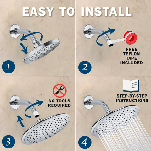 Step-by-step installation of 9 Inch Overhead Rain Shower Head With Self Cleaning Nozzles True Waterfall Drench High Flow Two Point Five GPM Chrome Finish Includes Ceiling Arm Extension For Spa Vibe Shower Experience