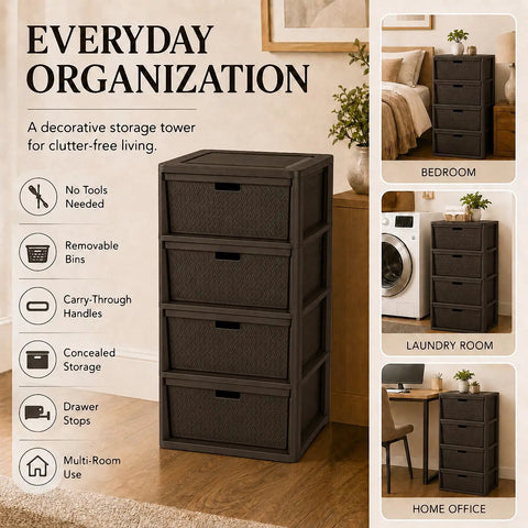 Wide 4 Drawer Plastic Storage Tower With Smooth Glide Removable Bins, Brown Cross Weave Decorative Organizer A Total Game Changer For Bedroom Closet Decluttering And Home Tidy Up