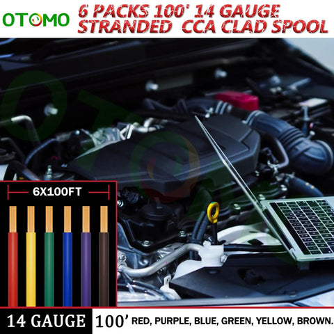 Six Color Code 14 Gauge CCA Wire Spool Set 100 Ft Each 600 Ft Total Single Conductor Automotive Primary Hook Up Wire SAE J1128 For Trailer RV Camper Low Voltage Wiring Red Blue Green Yellow Brown Purple