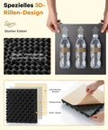Level Up Your Home Setup With Upgraded Egg Crate Soundproofing Foam For Walls 6 Pack Self Adhesive Acoustic Panels To Crush Echoes And Block Noise Using Fire Safe Peel Tape on display with water bottles and adhesive layers.