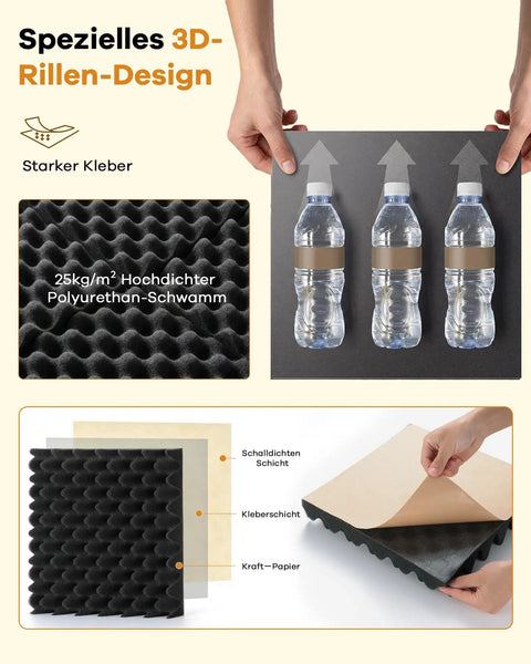 Level Up Your Home Setup With Upgraded Egg Crate Soundproofing Foam For Walls 6 Pack Self Adhesive Acoustic Panels To Crush Echoes And Block Noise Using Fire Safe Peel Tape on display with water bottles and adhesive layers.
