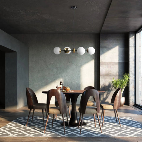 Dining room with Four Light Convertible Flush Mount Chandelier With Matte Black Finish, Brass Accents And Opal Glass Shades