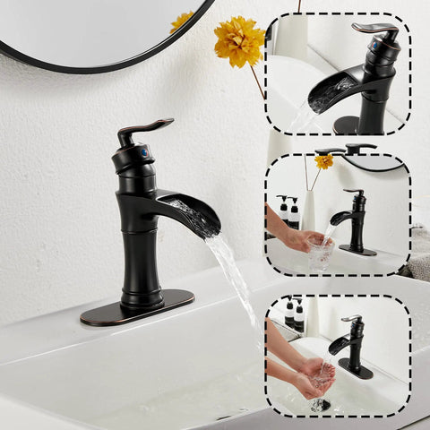 Oil Rubbed Bronze Waterfall Bathroom Faucet With Single Handle, 1 Or 3 Hole 4 Inch Install, water flowing from spout