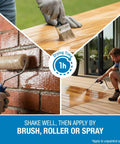 Pro Level Gloss Water Based Acrylic Sealer Protecting Wood Concrete Brick And Masonry With A Slick High Shine Seal For Zero Sweat Application Inside Each 5 Gallon Value Pack Two being applied with brush, roller, and spray.